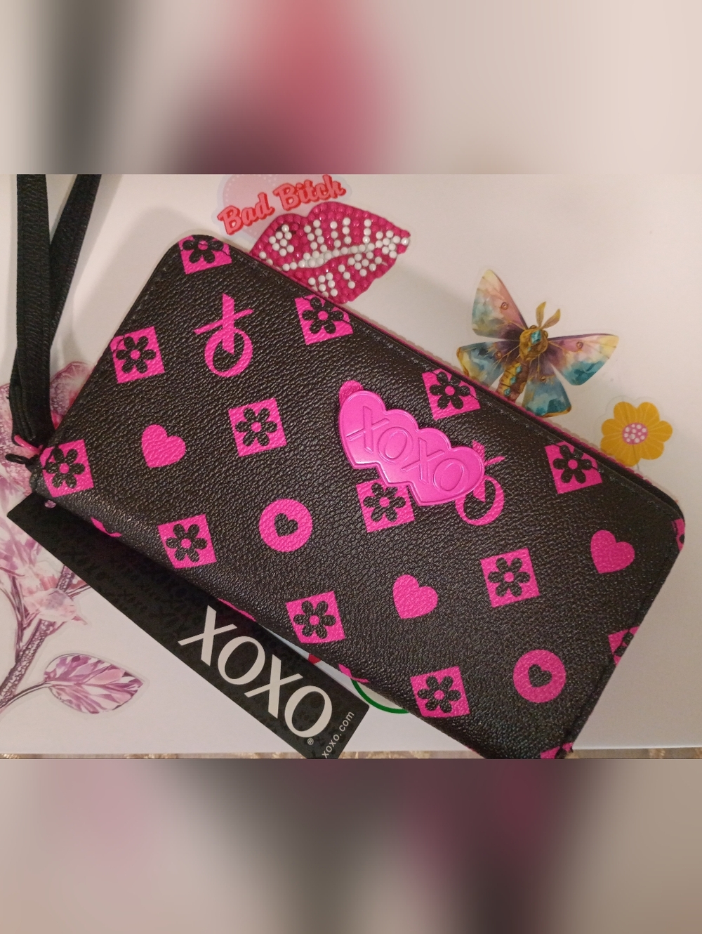 XOXO Black💗Hot Pink Wallet/Wristlet Heart Floral Icon Print Faux Leather VEGAN